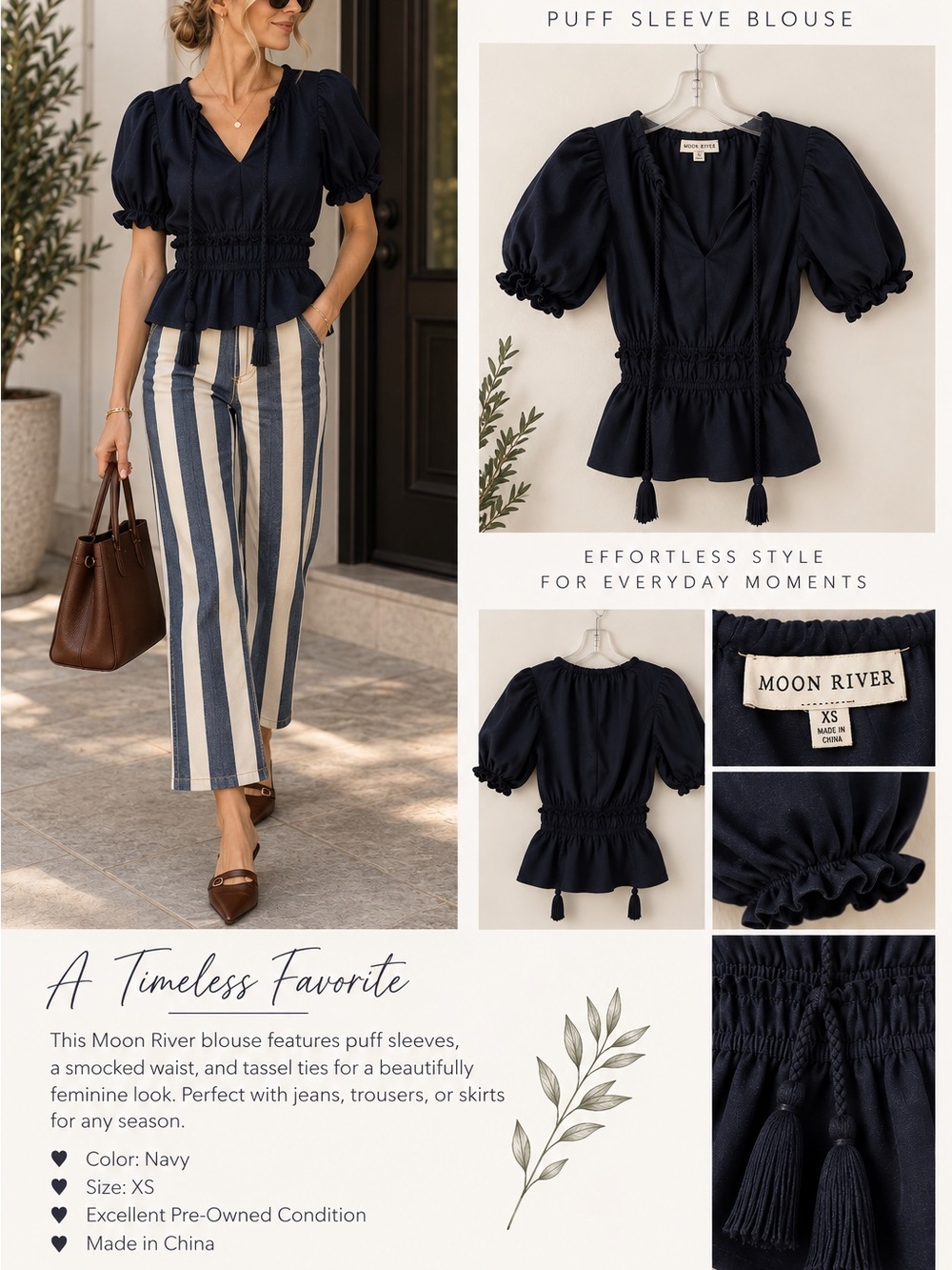 Anthropologie Moon River Navy Puff Sleeve Smouse with Tassel Ties